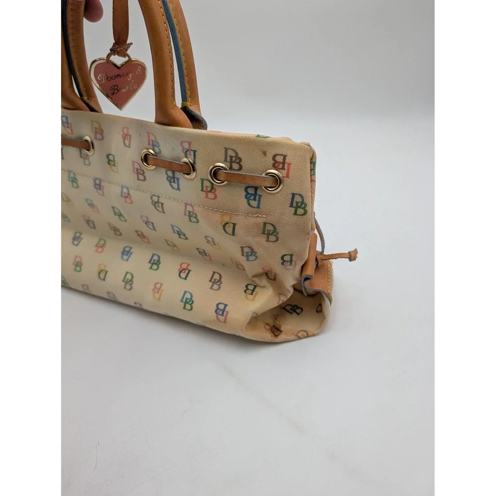 Vintage Dooney & Bourke Satchel Bag Womens Medium Beige Canvas Leather Bee Print